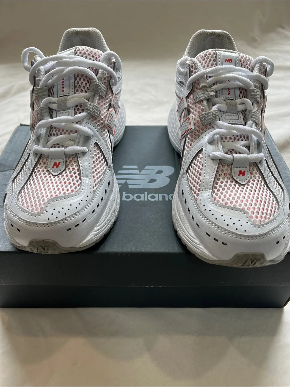 New Balance White and Light Pink Mesh Sneakers